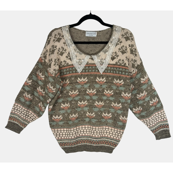 Sweater Loft Sweaters - Vintage Sweater Loft Knit Sweater Peter Pan Collar Cottage‎ Floral S